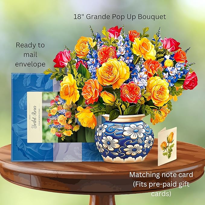 Freshcut Paper Pop Up Cards, Grande Sorbet Roses, 18 Inch Life Sized Forever Flower Bouquet 3D Popup Greeting Card, Birthday Cards, Thank You Card, Blank Notecard & Envelope