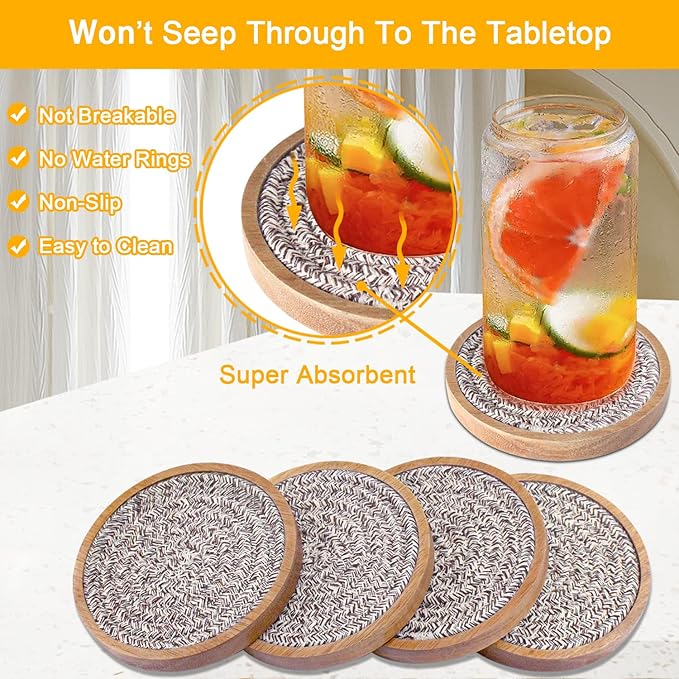 5 Pack Absorbent Coasters for Drinks, 4.3 Inches Cork for Coffee Tables, Wooden Drink Protection, Cute for Kitchen, Farmhouse, and Office (Dark Brown Series)