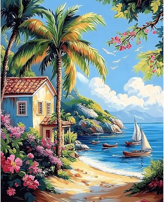 obterie Beach Paint by Numbers Kit for Adults Beginner Scenery Oil Painting Kit Adult Paint by Number Kits on Canvas DIY Painting for Beginners Art by Numbers for Gifts Home Wall Decor 16x20 Inch