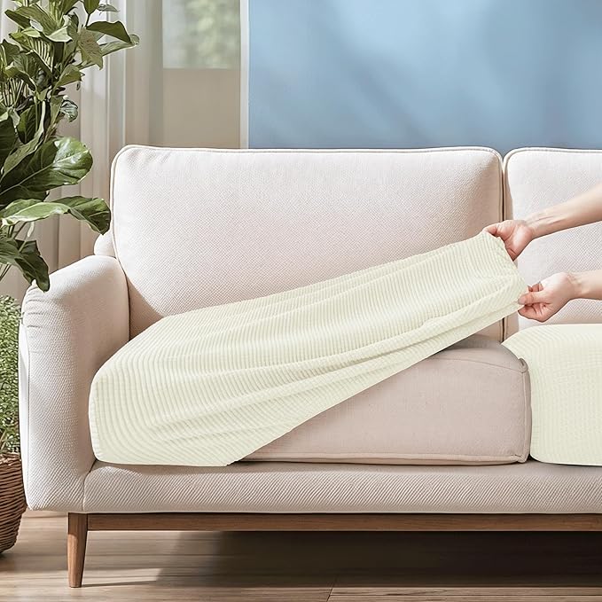 CHUN YI Medium Couch Cushion Cover Stretch for Loveseat, Sofa Seat Slipcovers for Pets, Suitable for Armchair Loveseat Sofa with Spandex Jacquard Washable Fabric(Medium,Ivory White/Cream)