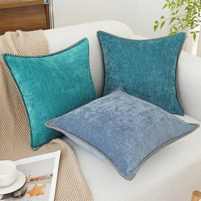 decorUhome Spring Chenille Soft Throw Pillow Covers 16x16 Set of 2, Farmhouse Velvet Neutral Decorative Pillow Covers with Stitched Edge for Couch Sofa Bed Home Decor, Blue