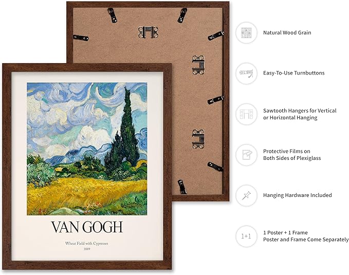 Monem Art Vintage Van Gogh Poster - Retro Impressionist Print - Wheat Field With Cypresses, Trees, Sky, Landscape - Gift for Artist, Friend - Wall Decor for Home, Office, 8x10 Brown Framed