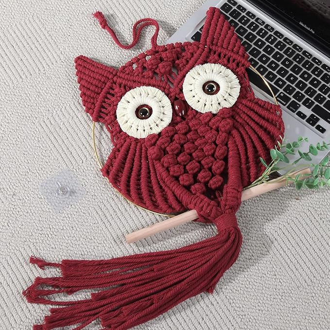 MVSUTA Owl Burgundy Cotton Handmade Macrame Wall Hanging Tapestry Home Decor Art and Red Craft Wonderful Decoration Woven Boho Ornament for Office Bedroom Apartment Living Room Nursery Gallery,1pc