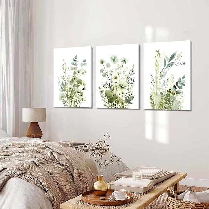 Boho Floral Canvas Wall Art Set of 3, Sage Green Wildflower Botanical Wall Decor Painting, Minimalist Watercolor Flowers Posters Prints for Bedroom Bathroom Living Room 16x24 In Framed