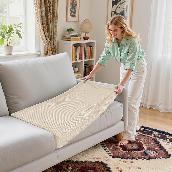 CHUN YI 2 Piece Couch Cushion Covers for Sofa Seat Slipcovers Suitable with Spandex Jacquard Washable Fabric (2 Piece Sofa Cushion Covers, Ivory)