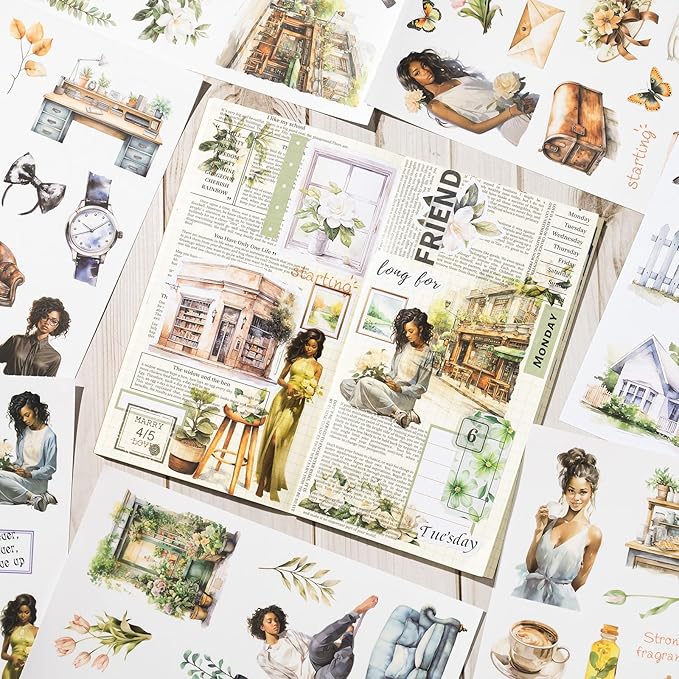 YagCu Journal Sticker Book for Journaling, Women House Junk Journal Stickers, Pre-Cut Aesthetic Scrapbooking for Adults, Decorative Ephemera Bullet Planner DIY Arts Craft Collage