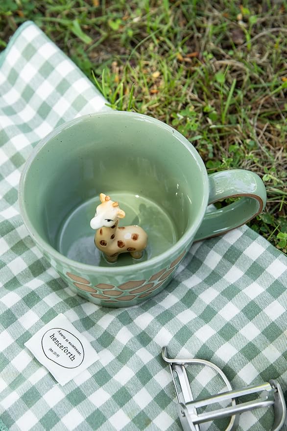 DIHOclub Giraffe Coffee Cup Ceramic 3D Wild Animal Inside Mug,Cute Cartoon Handmade Figurine Mugs,Holiday and Birthday Gift for Coffee Milk Tea Lovers,12 OZ(Green Giraffe)