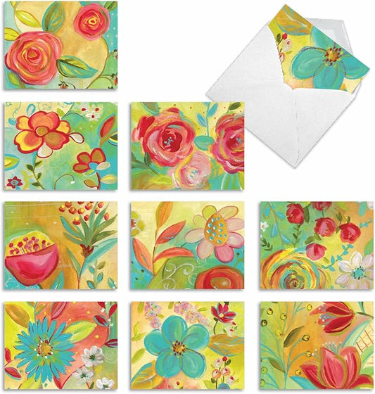 The Best Card Company - 10 Assorted Flower Cards Blank for Women (4 x 5.12 Inch) - All Occasion Floral Greetings Boxed - Summer Flowers M3741OCB-B1x10