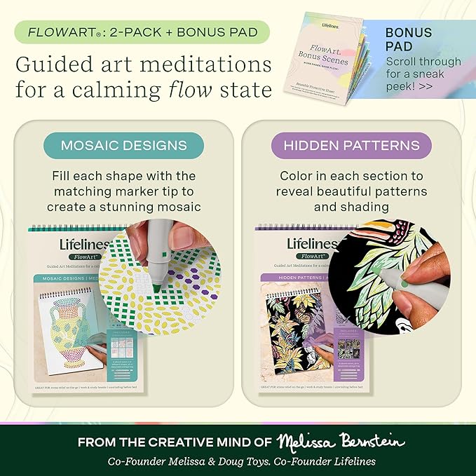 Lifelines FlowArt Activity Pad, 2-Pack & Bonus Pad - Guided Art Meditations with Markers - Mediterranean Mosaic Designs & Animal Hidden Patterns - Coloring Books for Tweens, Adults & Seniors