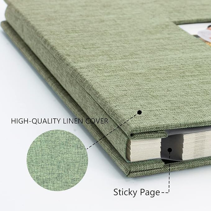 Photo Album Self Adhesive Pages for 4x6 5x7 8x10 Pictures Magnetic Scrapbook Photo Albums with Sticky Pages Books with A Metallic Pen for Baby Wedding Family 13.2x12.8 GrassGreen 60 Pages