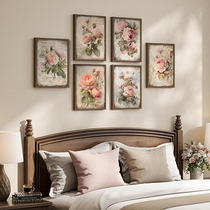 Framed Vintage Floral Wall Art, Set of 6 Retro Botanical Flower Canvas Painting Prints Artwork for Rustic Farmhouse, Elegant Pink Rose Pictures for Bedroom Living Room Kitchen Office Home Decor, 11x14
