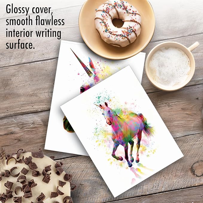 The Best Card Company Assorted Watercolor Blank Greeting Card Box Set - Incl. 10 Notecards + Envelopes, 20 Unique Designs for Thank You, Invitations, More - Funky Rainbow Unicorns AM6748OCB-B2x10-NB
