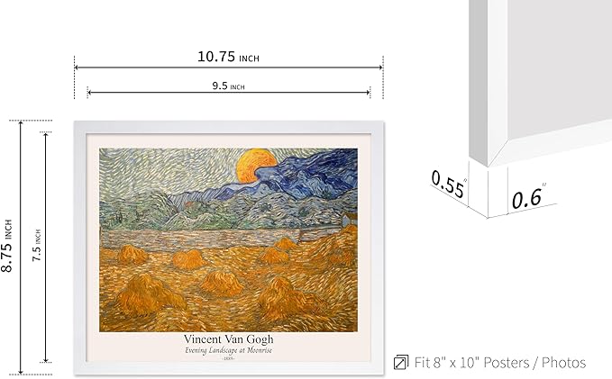 Monem Art Vintage Van Gogh Poster - Retro Evening Landscape at Moonrise Print - Impressionism Art - Fine Art - Classic Painting Art - Aesthetic Living Room Wall Decor - 8x10 White Framed