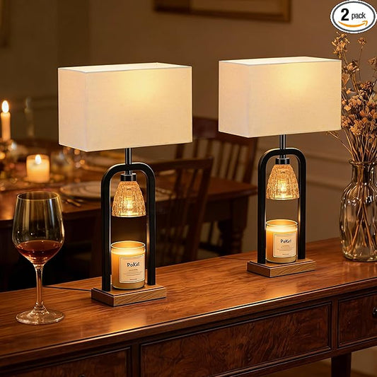 PoKat Table Lamps with Candle Warmer & Timer for Bedroom, Farmhouse Bedside Lamps Set of 2 for Night Stands, 21.5'' Bedroom Lamps Decor for Living Room, Dinning, Hallway, Bulbs Included, Black