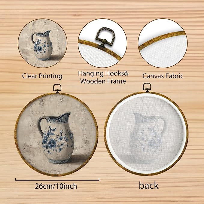 Hiuwevt Vintage Chinoiserie Round Wall Art Decor, Rustic Country Neutral Framed Canvas Prints, Classic Antique Round Wall Hanging Decor for Home Kitchen Bedroom Decorations, 10x10 Inches
