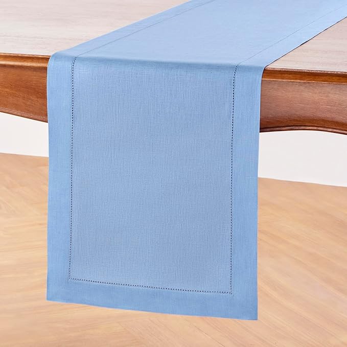 Solino Home Linen Cornflower Blue Table Runner 108 Inches Long - 100% Pure Linen Hemstitch 14 x 108 Inch Table Runner for Dining, Spring, Easter - Classic Hemstitch