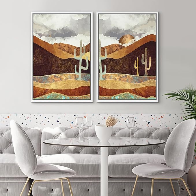 SIGNWIN Framed Canvas Print Wall Art Set Geometric Granite Desert Cactus Landscape Nature Wilderness Illustrations Modern Art Scenic Colorful for Living Room, Bedroom, Office - 16"x24"x2 White