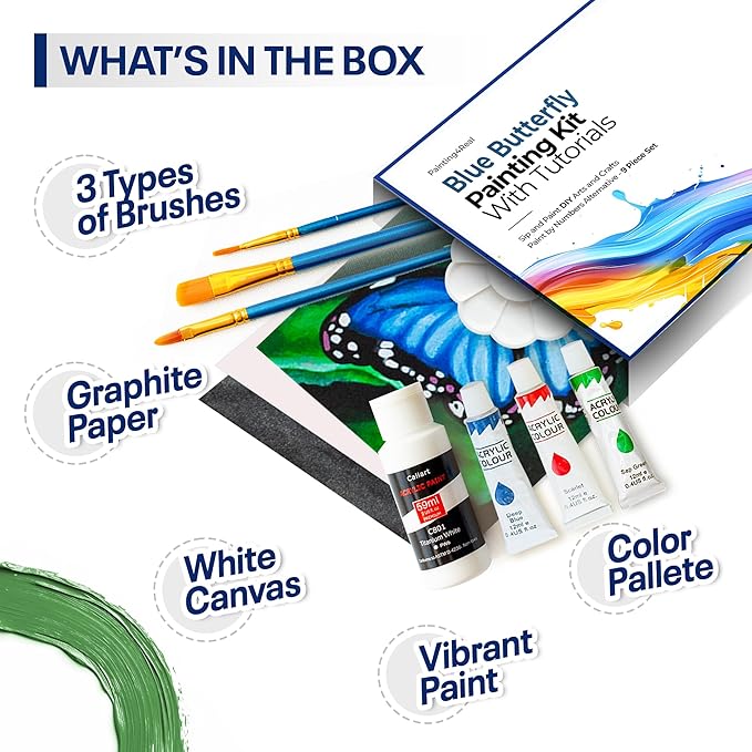 DIY Art Painting Kit for Adults – Learn to Paint Blue Butterfly with Video Tutorials – 9 Pieces Acrylic Paint Set for Kids – Perfect Christmas Gifts for Grandkids, Beginners & Art Lovers