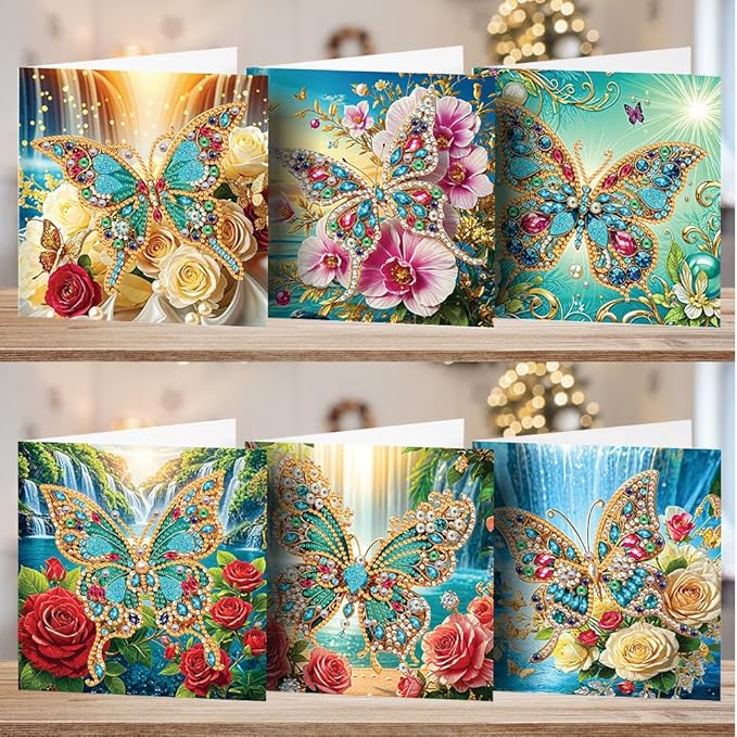 Ceitura 6Pcs DIY Diamond Art Painting Crafts Rhinestone Painting Greeting Card Making Kit Postcard for Holiday Christmas New Year Party Favors (Flower Butterfly)