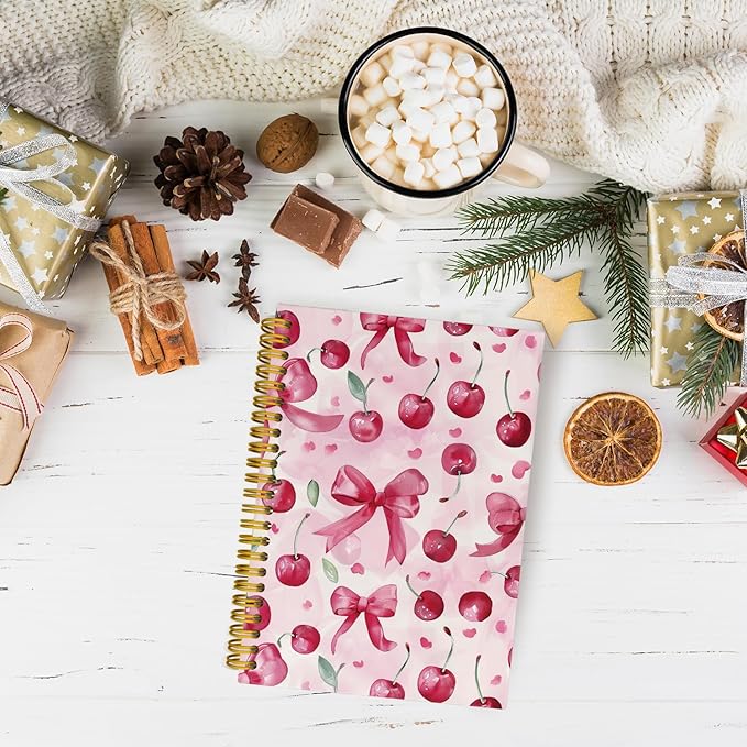 Trendy Coquette Pink Bow Cherry Journaling Notebooks, Preppy Spiral Notebook, Cute Notebook Journal for Girls, Pink Office Supplies, Hardcover Spiral Lined Notebook 5.5 x 8.3