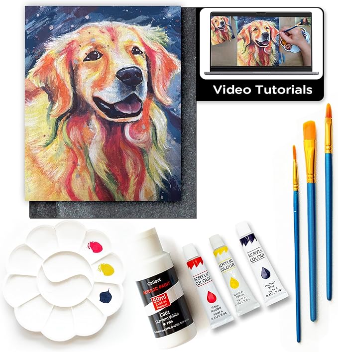 DIY Painting Class Kit for Adults with Video Tutorials: Learn to Paint Radiant Retriever – How to Paint with Acrylics – Painting & Art Supplies – 9 Piece Acrylic Paint Set