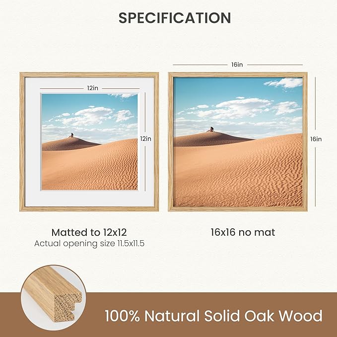 Dreamland 16x16 Picture Frame, 16 x 16 Square Photo Frame with Mat for 12x12, Natural Oak Wood Matted Picture Frames with Tempered Real Glass for Wall Art Photo and Prints, Oak Color, Set of 3
