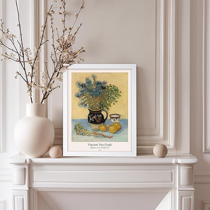 Monem Art Vintage Van Gogh Poster - Retro Majolica with Wildflowers Print - Impressionism Art - Flower Art - Fine Art - Classic Painting Art - Floral Living Room Decor - 8x10 White Framed