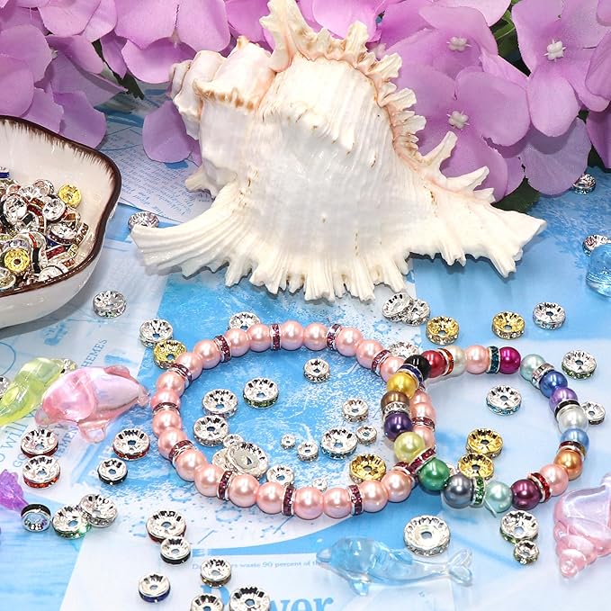 100Pcs Rondelle Spacer Beads Round Crystal Charms Czech Rhinestone Silver Plated Spacer Loose Beads for DIY Bracelet Necklace Jewelry Making Supplies (8MM, AB Crystal)