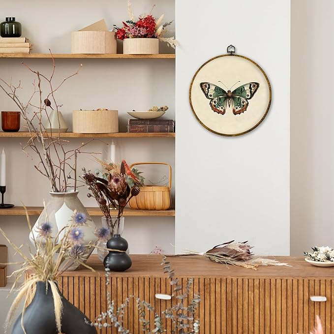 Mcehtle Vintage Butterfly Wall Art Decor, Moody Moth Cottagecore Framed Canvas Prints 10x10, Boho Sage Green Academia Insect Round Wall Hanging Artwork Decorations for Gallery Bedroom Living Room