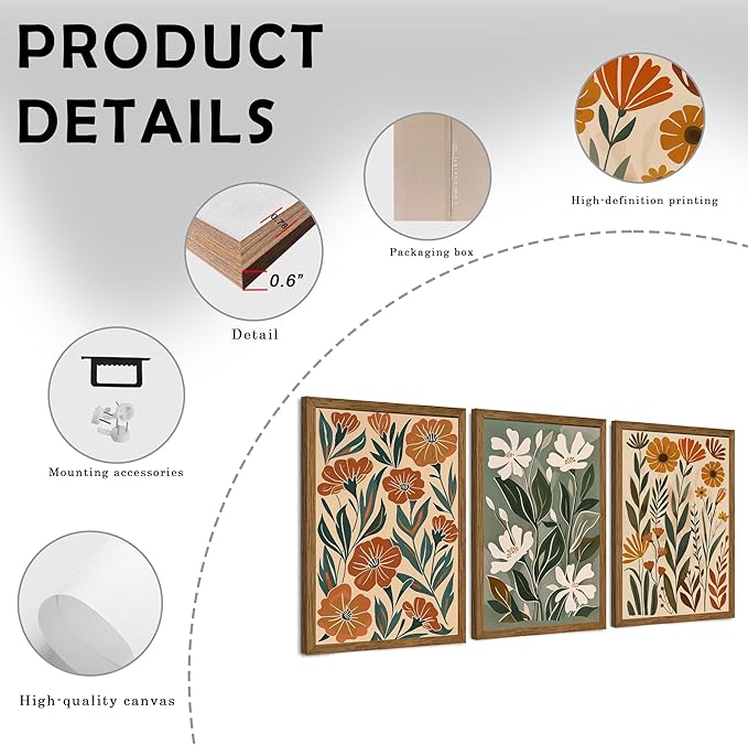 InspiredHues 3 Piece Abstract Boho Floral Canvas Wall Art, Green Beige Flower Market Wall Decor, Minimalist Colorful Botanica Artwork Prints for For Living Room Bedroom Office 12x16 Inch Wood Framed