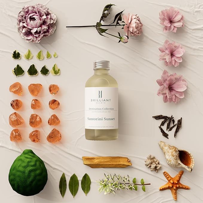 Brilliant Scents Santorini Sunset Fragrance Oil 120ml - Premium Diffuser Oil for Home, Office, Hotels - Long Lasting, Plant-Based, Meets IFRA Standards, USA-Made - Ivy, Magnolia, Oud