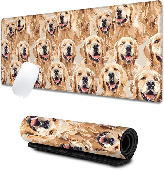 Golden Retriever Large Gaming Desk Mat,Rubber Non-Slip Cute Dog Animal Mouse Pad,31.5x11.8x0.12in Extended Puppy Mousepad,Game Lover Mice Pads Gifts,Office Home Deskmat Decor