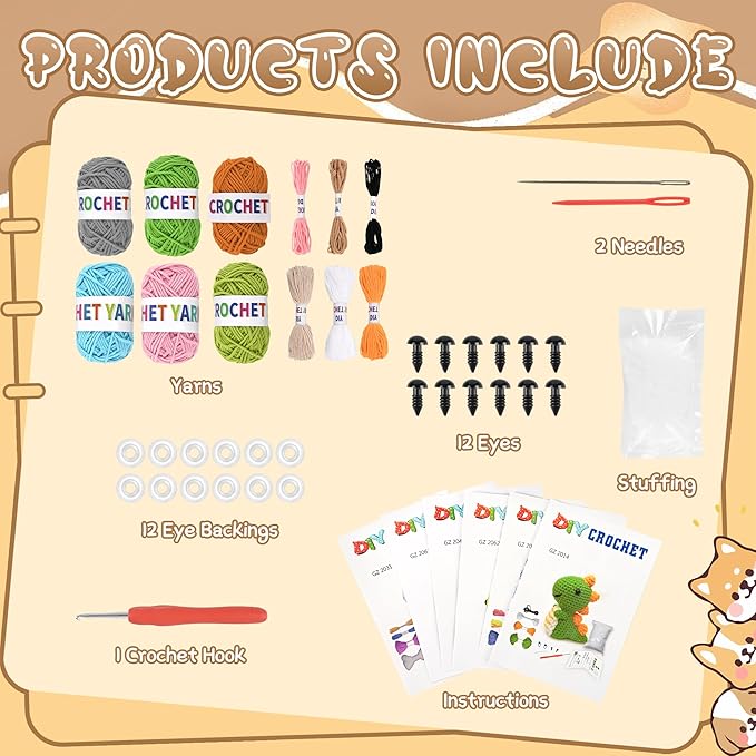 FHFTHYH 6Pcs Crochet Kit for Beginners, DIY Craft for Adults and Kids, Great Gift for Crochet Lovers, Crocheting Animal Kits with Step by Step Videos,Yarn,Crochet Hook,Birthday Holiday Gift