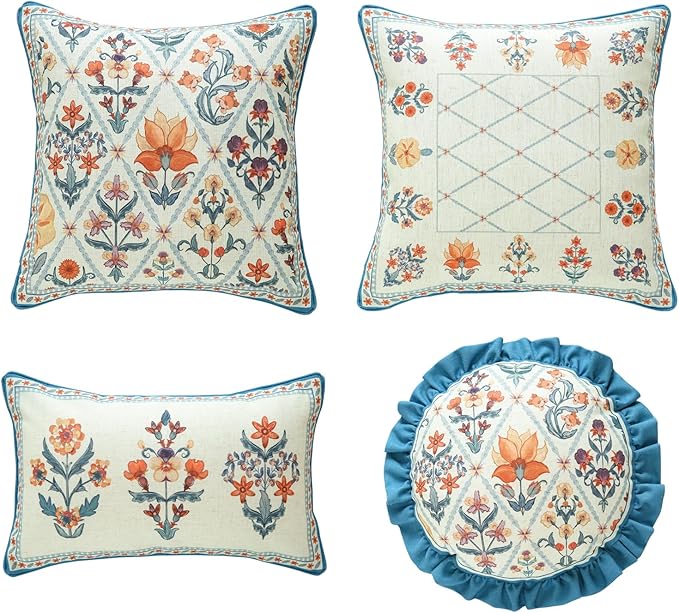 ISAENNE Design Linen Throw Pillow Covers Set of 4, Blue Country Cushion Covers with Colorful Wildflower Pattern Decor Lumbar Round Square Pillowcases for Bed,Living Room,Outdoor,Car
