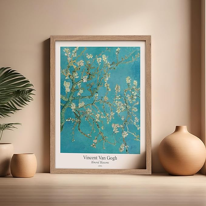 Monem Art Vintage Van Gogh Poster - Retro Almond Blossoms Print - Impressionism Art - Fine Art - Classic Painting Art - Flower Art - Floral Bedroom or Office Wall Decor - 16x20 Beige Framed