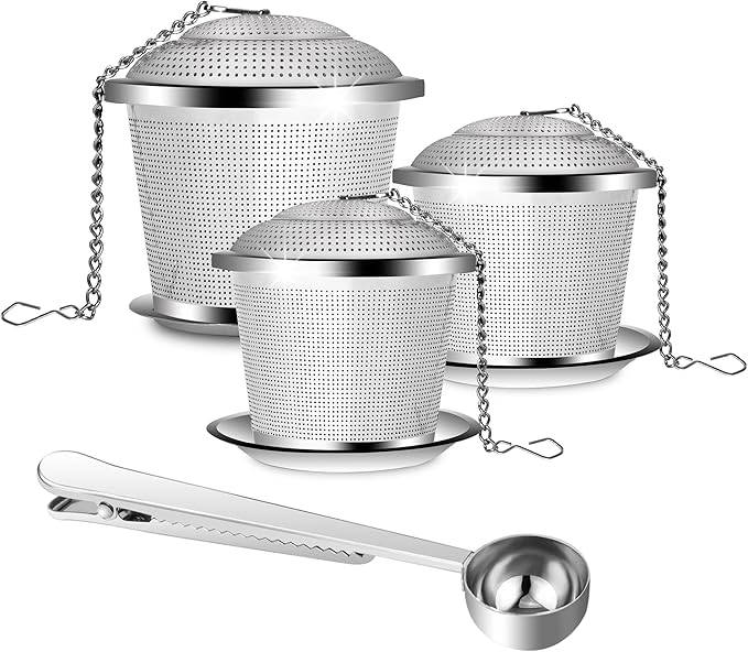 Numola Loose Leaf Tea Infuser Set, Reusable Stainless Steel Tea Balls, Fine Mesh Tea Strainers for Loose Tea with Scoop and Drip Trays, Tea Steeper with Extented Chain Hook for Tea Lovers