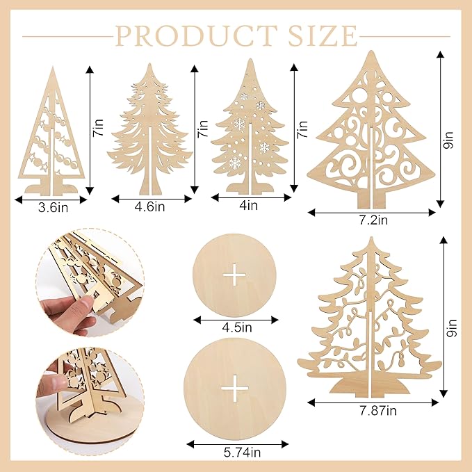 Christmas Craft Set - Wood 3D Christmas Tree, Wooden Unfinished Slices to Paint, Xmas Trees Cutouts Ornaments, for Xmas Winter DIY Handmade Tiered Tray Decorations