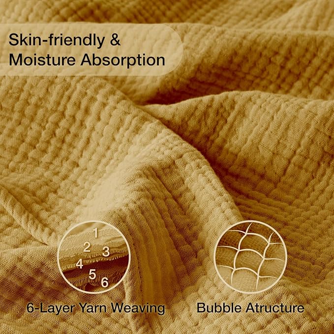 100% Cotton Muslin Blanket King 108" x 90", 6 Layers Breathable and Lightweight Cotton Throw Blankets for Bed, Soft Cooling Summer Gauze Blanket for Adults All Season, Mustard