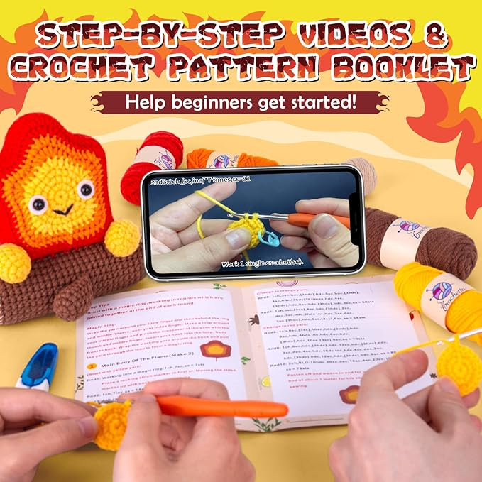 Crochetta Crochet Kit for Beginners, Crochet Starter Kit w Step-by-Step Video Tutorials, Beginner Crochet Kit for Adults Kids Women Men Complete Kit Included (Cute Crochet Flame Spirit)