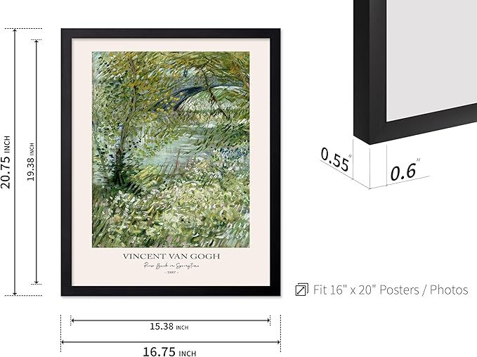 Monem Art Vintage Van Gogh Poster - Retro Impressionist Print - River Bank in Springtime, Flowers, Landscape - Gift for Artist, Friend - Wall Decor for Home, Office, 16x20 Black Framed