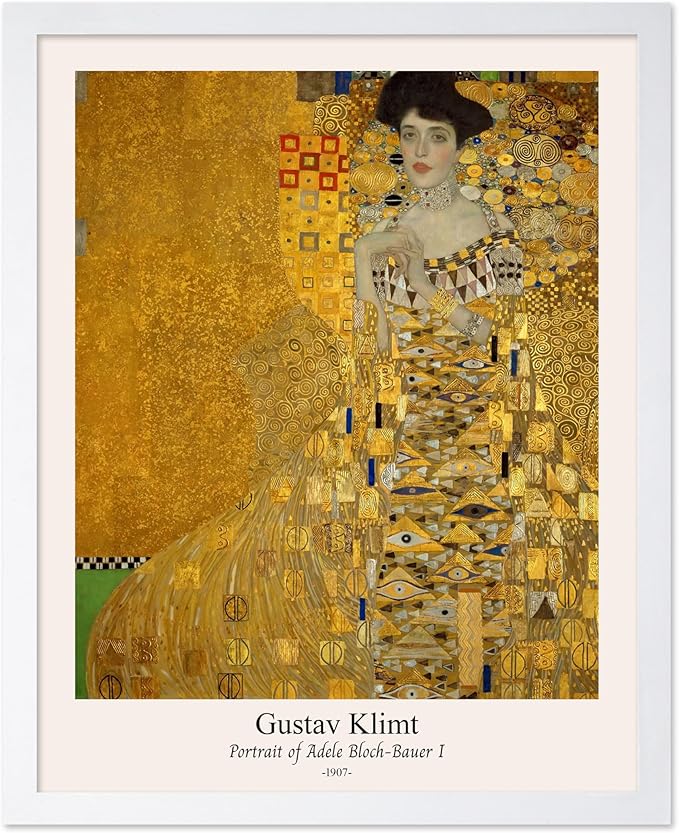 Poster Master Vintage Gustav Klimt Poster - Retro Portrait of Adele Bloch-Bauer Print - Art Nouveau - Lady in Gold Art - Gold Leaf Art - Classic Painting - Living Room Decor - 16x20 White Framed