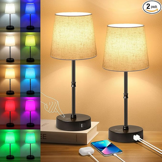 Ascher Bedside Table Lamp Set of 2, RGB Color Changing, 3 Color Temperatures, Dimmable Nightstand Lamp with USB C+A Ports, Touch Desk Lamp for Bedroom Living Room, H15.6in, Flaxen Shade