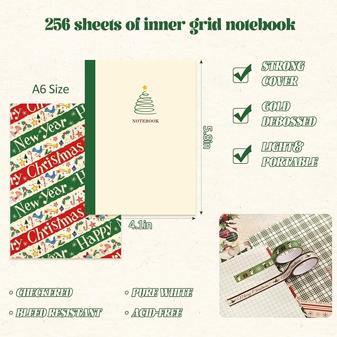 Christmas Scrapbooking Supplies Kit, Aesthetic New Year Festival Scrapbook Kits for Bullet Junk Journal, Stationery, Notebook, DIY Cute Journaling Supplies, Craft Christma Gift for Teen Girl Kid Women