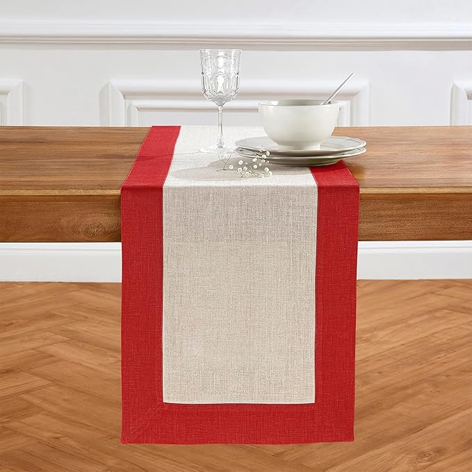 Solino Home Linen Table Runner 36 Inches - 100% Pure Linen Red and Natural Small Table Runner 14 x 36 Inch Ideal for Dresser and Coffee Tables - Valentines, Winter - Contempo