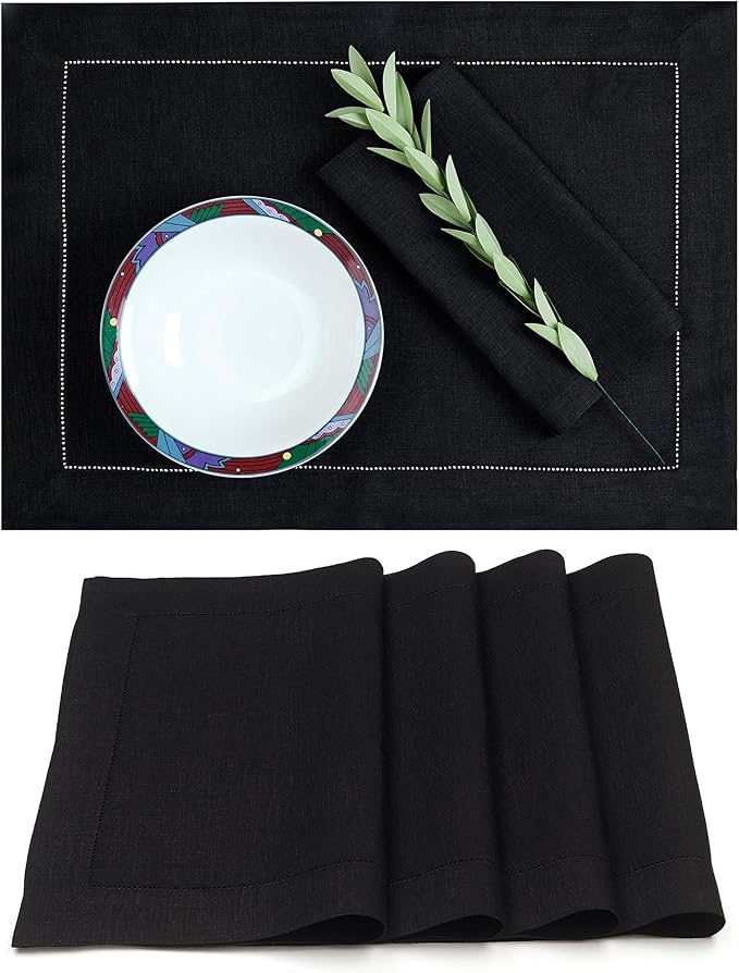 D'Moksha Homes Linen Placemats Set of 4 - Classic Hemstitch Black Placemats 14 x 19 Inch - 100% Pure Linen Table Mats for Spring, Easter - Handcrafted and Machine Washable