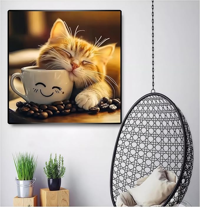 Cat and Cup Diamond Art Kits for Adults, 5D Diamond Painting for Adult Beginners, DIY Full Drill Round Gem Painting Dot Art for Adults，Home Wall Decor 13.78x13.78 Inch