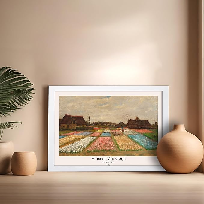 Monem Art Vintage Van Gogh Poster - Retro Bulb Fields Print - Flower Beds in Holland Art - Impressionism Art - Fine Art - Classic Painting Art - Great Bedroom Wall Decor - 16x20 White Framed