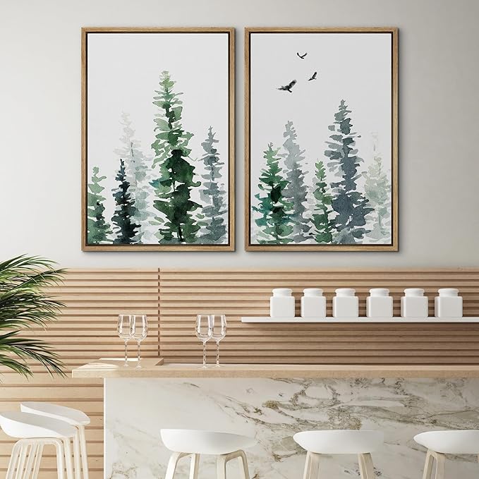 SIGNWIN Framed Wall Art Print Set Watercolor Green & Gray Forest and Birds Nature Wilderness Illustrations Modern Art Rustic Relax/Calm Multicolor for Living Room, Bedroom, Office - 16"x24"x2 Natural