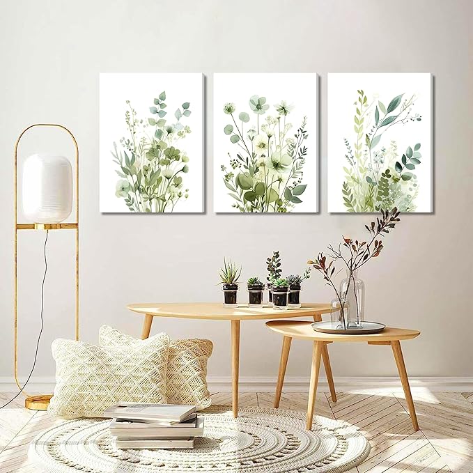 Boho Floral Canvas Wall Art Set of 3, Sage Green Wildflower Botanical Wall Decor Painting, Minimalist Watercolor Flowers Posters Prints for Bedroom Bathroom Living Room 12x16 In Framed