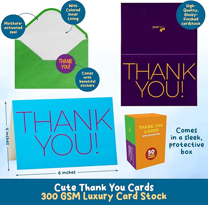 50 Pack Thank You Cards with Envelopes and Stickers, 4 x 6 Inch Blank Kids Thank You Notes | Appreciation Cards, Bulk Boxed Set for Students from Teachers, Birthdays, Small Business